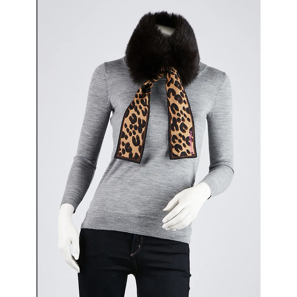 LOUIS VUITTON Fur Scarf Leopard Silk Black Fox Stole Bandeau vintage LV w/tag - Picture 3 of 11